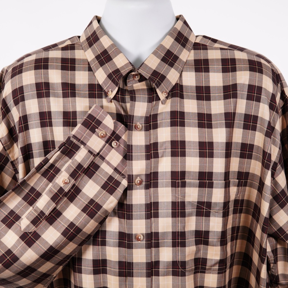 Jos A Bank Traveler's Men's 2XL Brown Tan Plaid W/ Red Windowpane Button Down